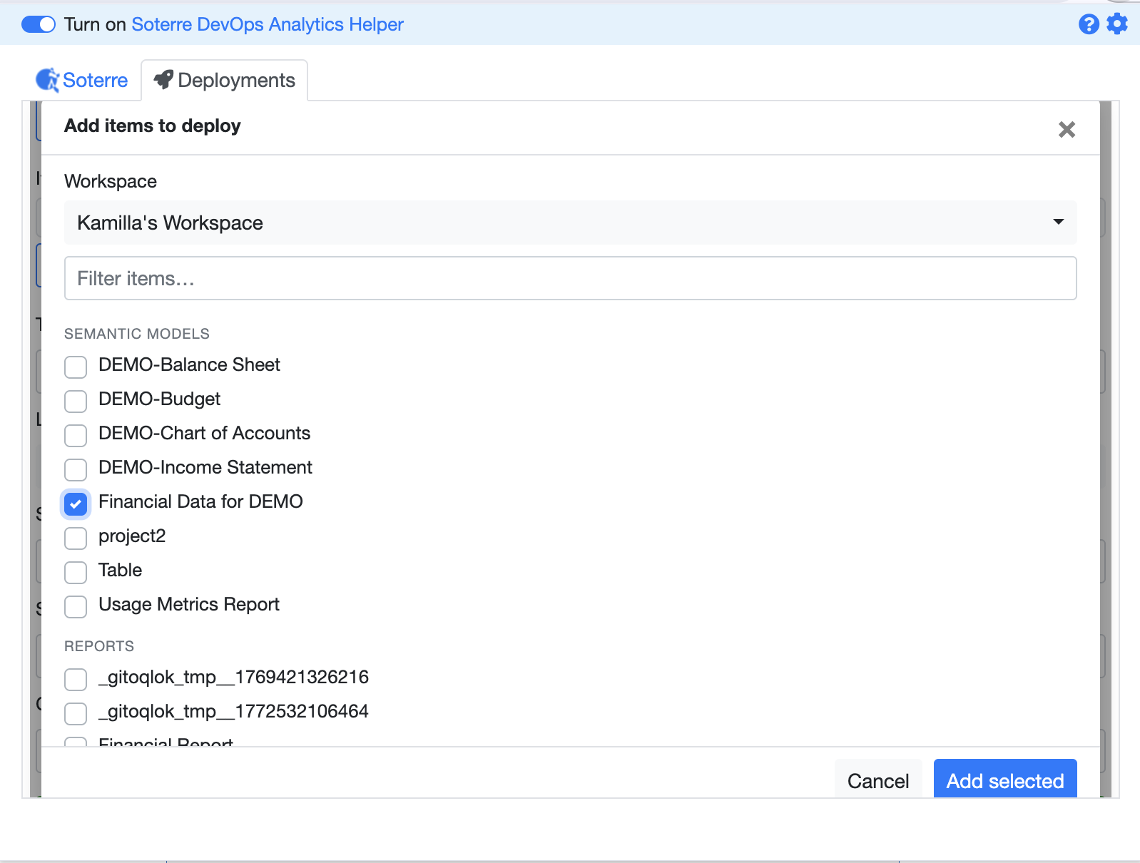 Power BI add-items browser