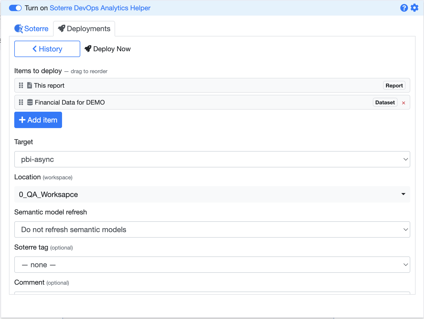 Power BI Deploy Now form