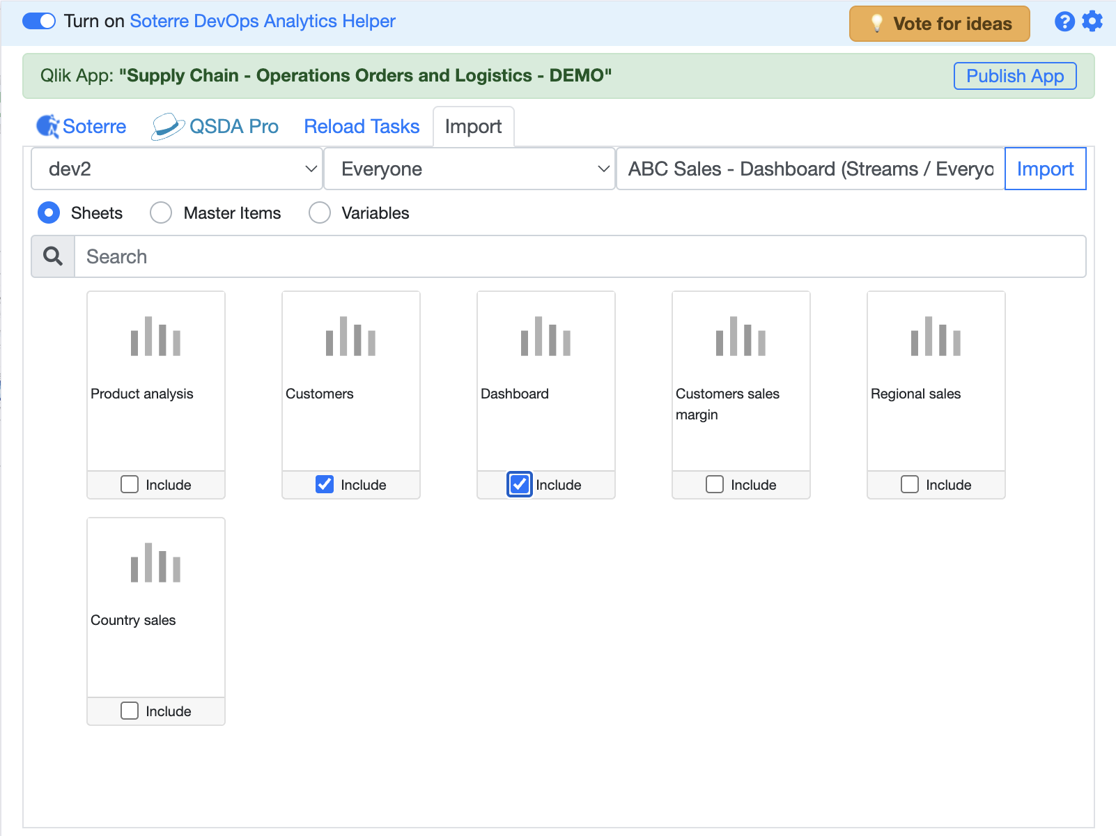 Select sheets to import in the Import tab